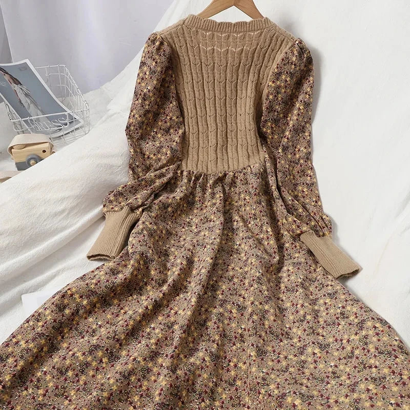 Autumn Winter Korean Patchwork Bandage Long-Sleeved Knitted Dress for Women