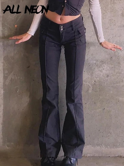 ALLNeon Indie Aesthetics Slim Low Waist Flare Pants
