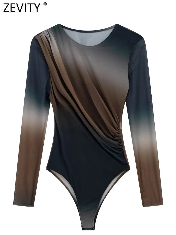 Sexy Pleated Tie-Dye Mesh Bodysuit for Women