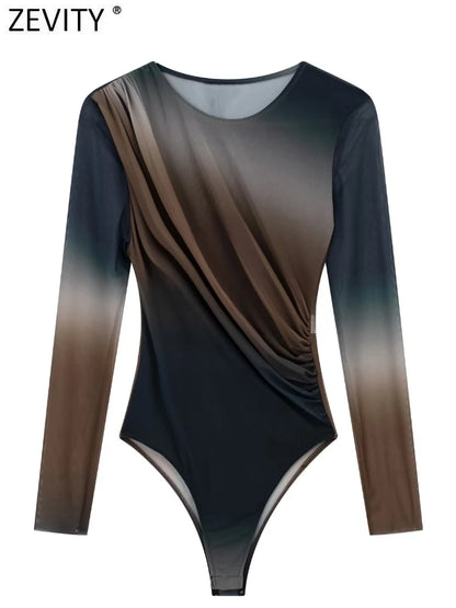 Sexy Pleated Tie-Dye Mesh Bodysuit for Women