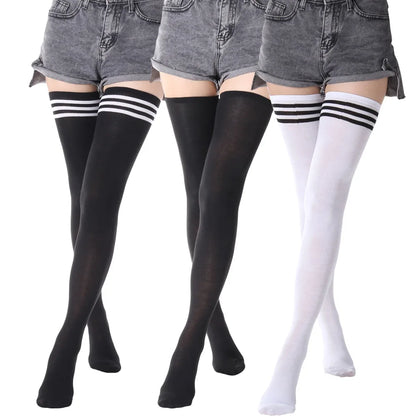 Black and White Striped Thigh High Socks for Women