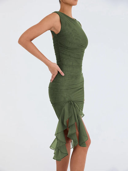 Mozision Elegant Ruffle Ruched Midi Dress