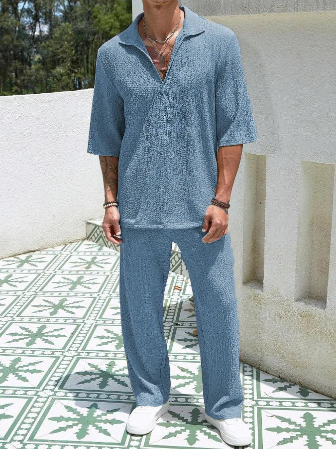 Men’s Summer 2-Piece Set – V-Neck Shirt &amp; Long Pants