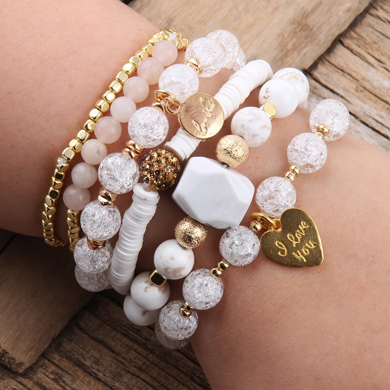 RH Fashion Bohemia Beaded Bracelet Sets Heart Charm 6pc Stack Bracelets Set For Women Jewelry Gift