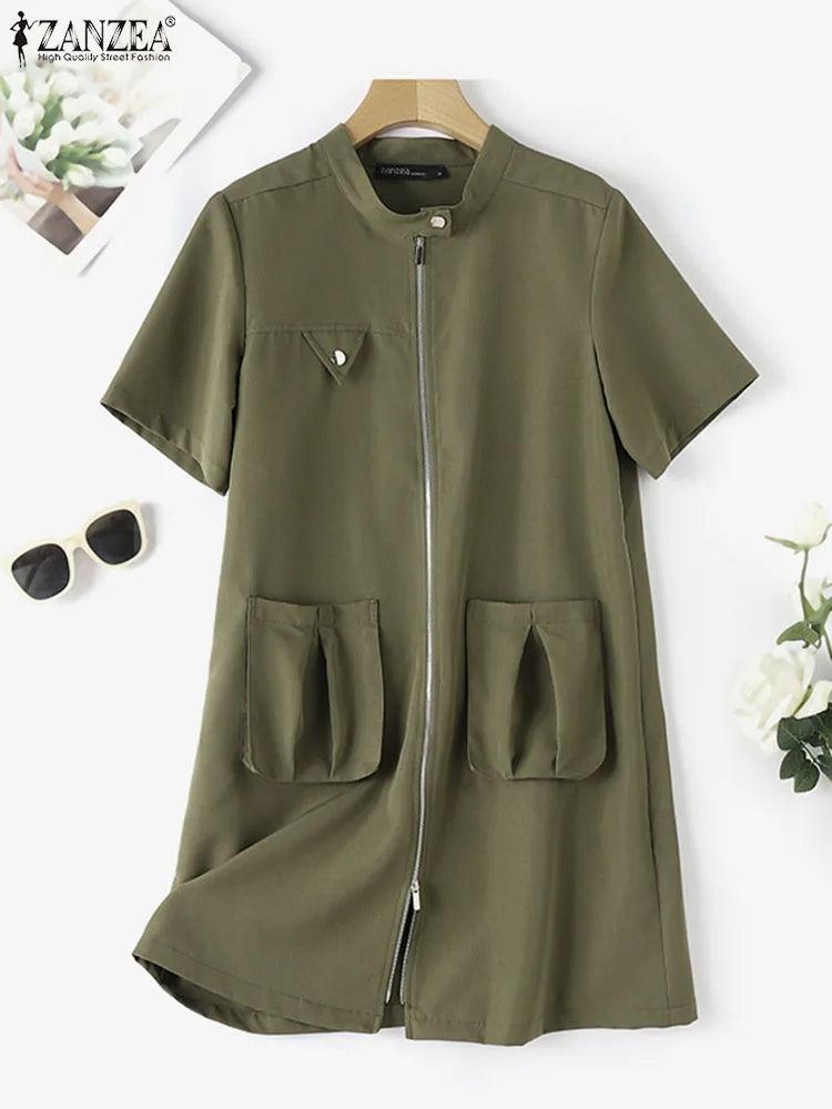 Fashion Solid Knee-Length Sundress ZANZEA Stylish Cargo Dress