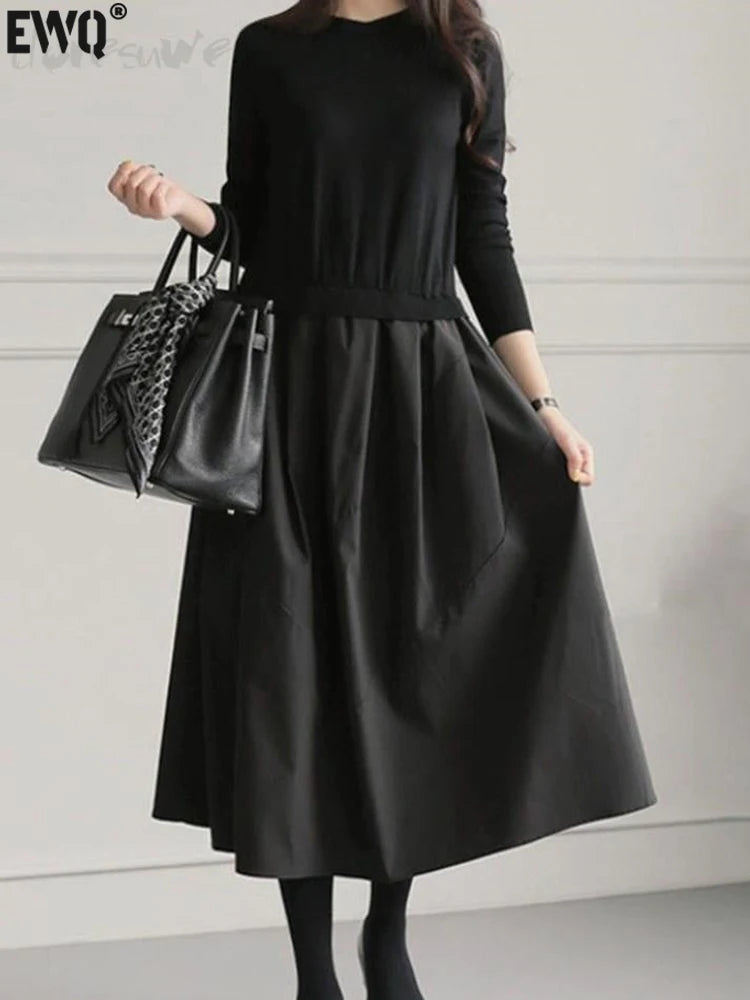 Winter Sweater Patchwork Dresses Women Black Long Sleeve Slim Plaid Contrast Knit Dresses