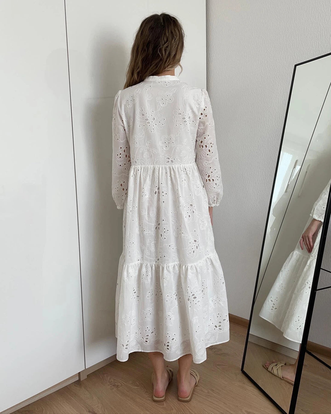 New Women Elegant Embroidered Lace White Female Splicing Dress Floral Hollow Out Loose Casual Party Vestidos