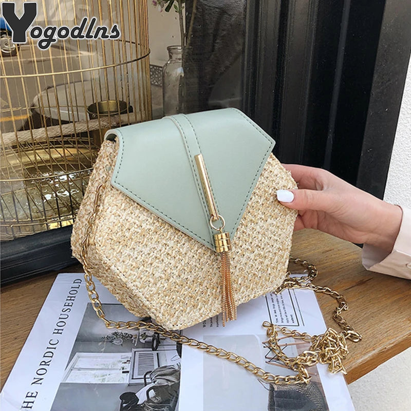 Bohemian Hexagon Straw &amp; Leather Handbag