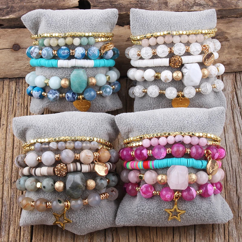 RH Fashion Bohemia Beaded Bracelet Sets Heart Charm 6pc Stack Bracelets Set For Women Jewelry Gift