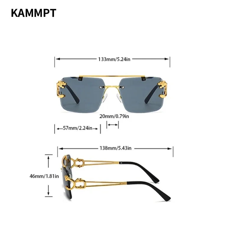 Metal Rimless Sunglasses with Double Bridge and Cheetah Decor for Women