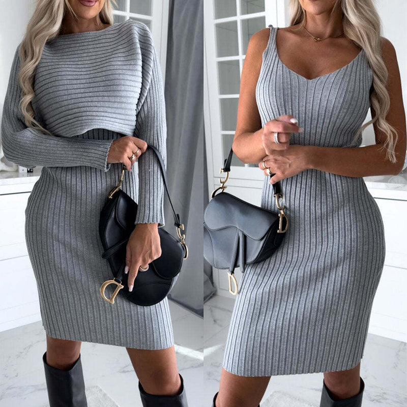 Stylish 2-Piece Set for Women – Striped Long-Sleeve Top &amp; Figure-Hugging Skirt